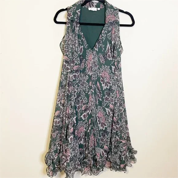 Anthropologie Let Me Be Green Pink Floral V Neck Ruffle Hem Swing Mini Dress S - Picture 3 of 12